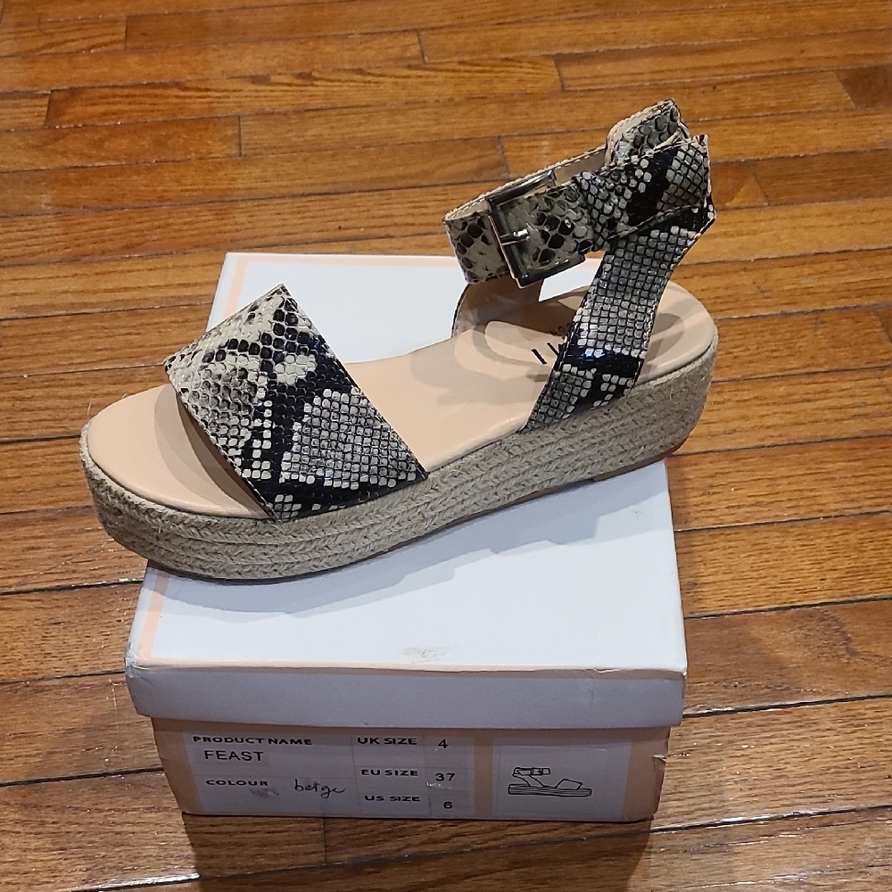 Simmi London Feast Snake Print Beige and Black Platform Sandals